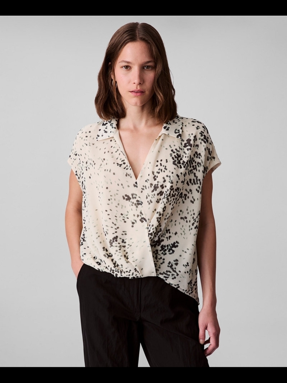 Calvin Klein Cream Blouse Women's Printed Chiffon Faux-Wrap Cap-Sleeve Top
